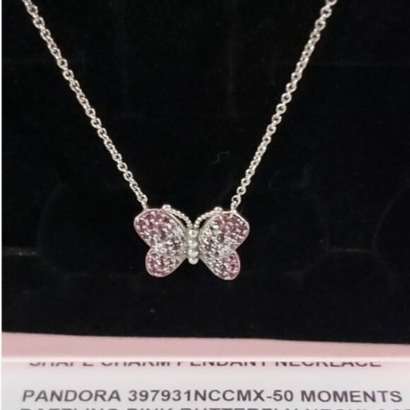 PANDORA *RETIRED* SS Dazzling Pink Butterfly Necklace w/ Pink and Clear Crystals - Picture 9 of 11